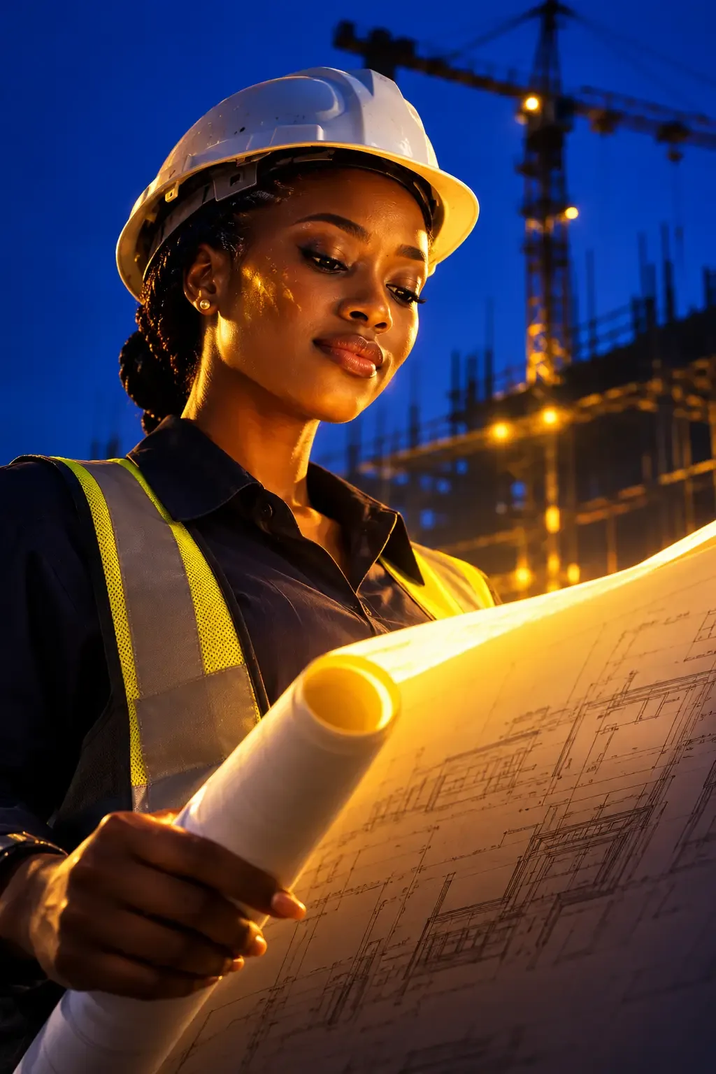 A Sun City construction engineer reviewing blueprints at a night-lit building site
