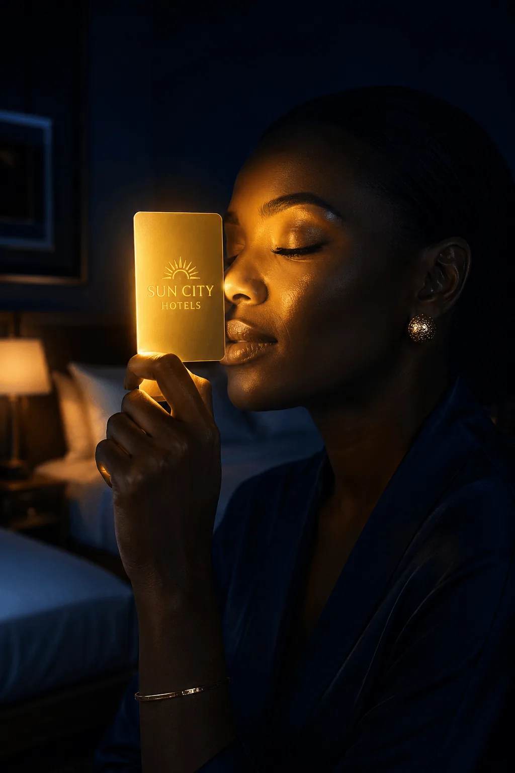 A woman holding a glowing gold Sun City Hotels keycard to her face