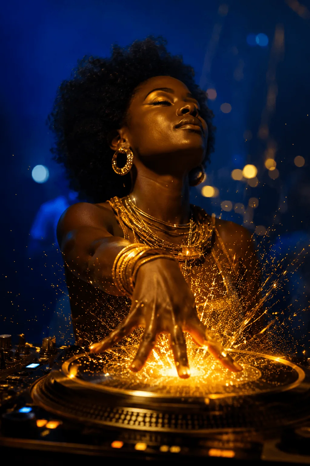 A Sun City DJ with golden sparks flying from her hands over the decks