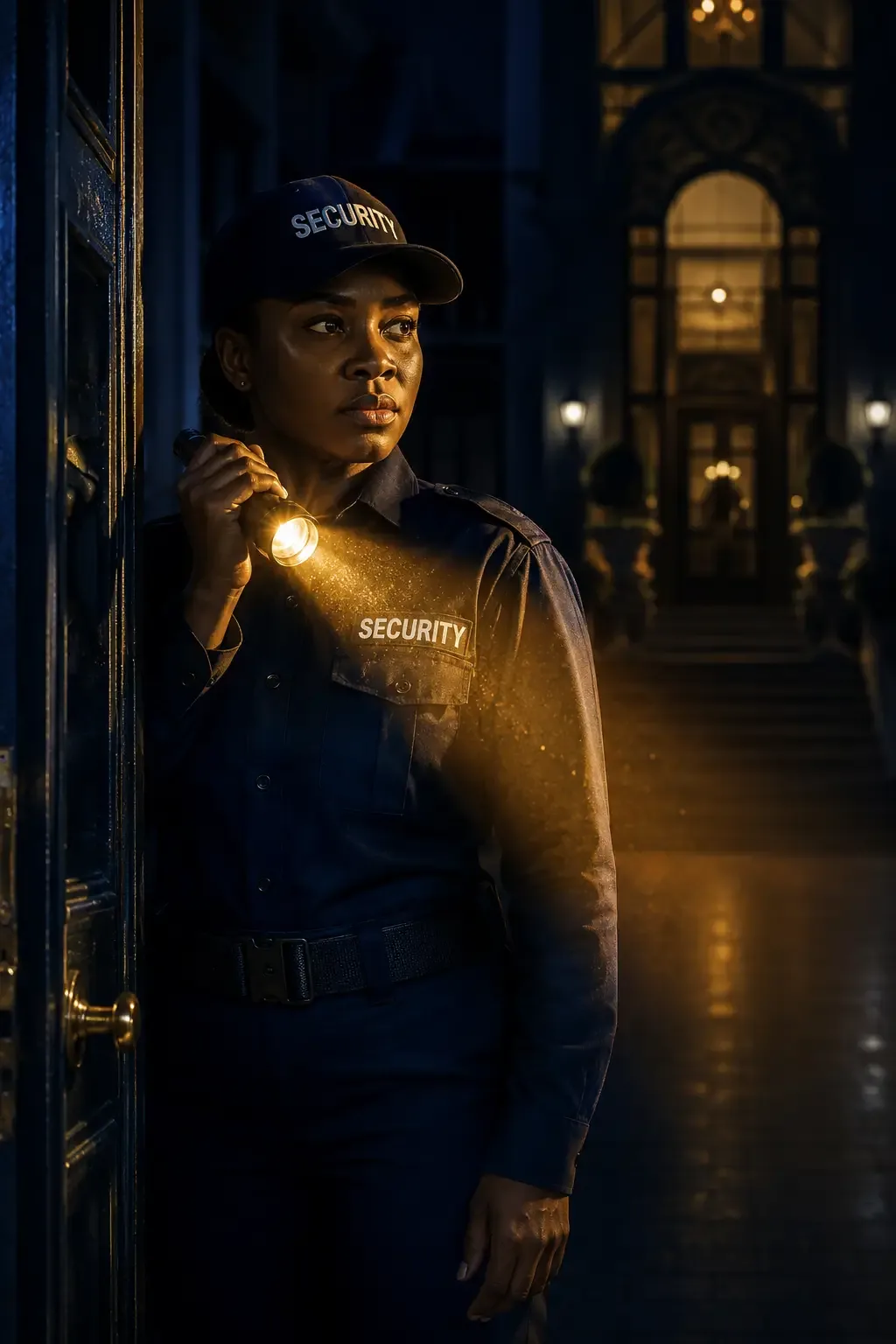 A Sun City security officer holding a flashlight in a dark, grand hallway
