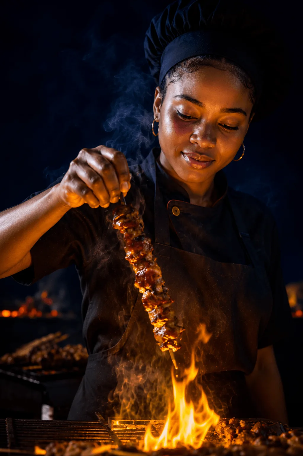 A Sun City chef grilling soya skewers over an open flame